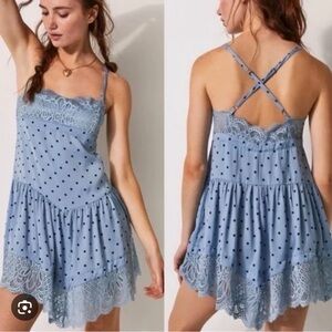 Free People City Wanders Trapeze Blue Lace Polka Dot Slip Dress Size M
